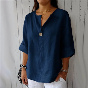 Blusa de Algodão e Linho Solta com Manga 3/4 Azul Marinho 02