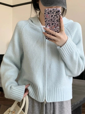 Cardigan de Tricô com Capuz e Zíper Azul Claro 06