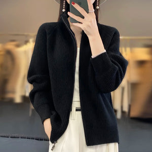 Cardigan de Lã com Zíper e Gola Alta Preto 06