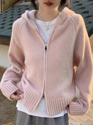 Cardigan de Tricô com Capuz e Zíper Rosa 03