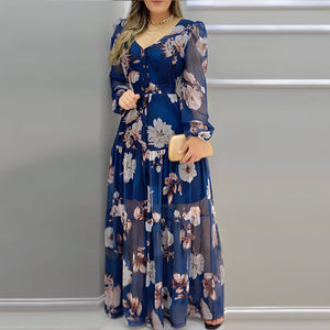 Vestido Longo Manga Comprida Azul Estampado 1