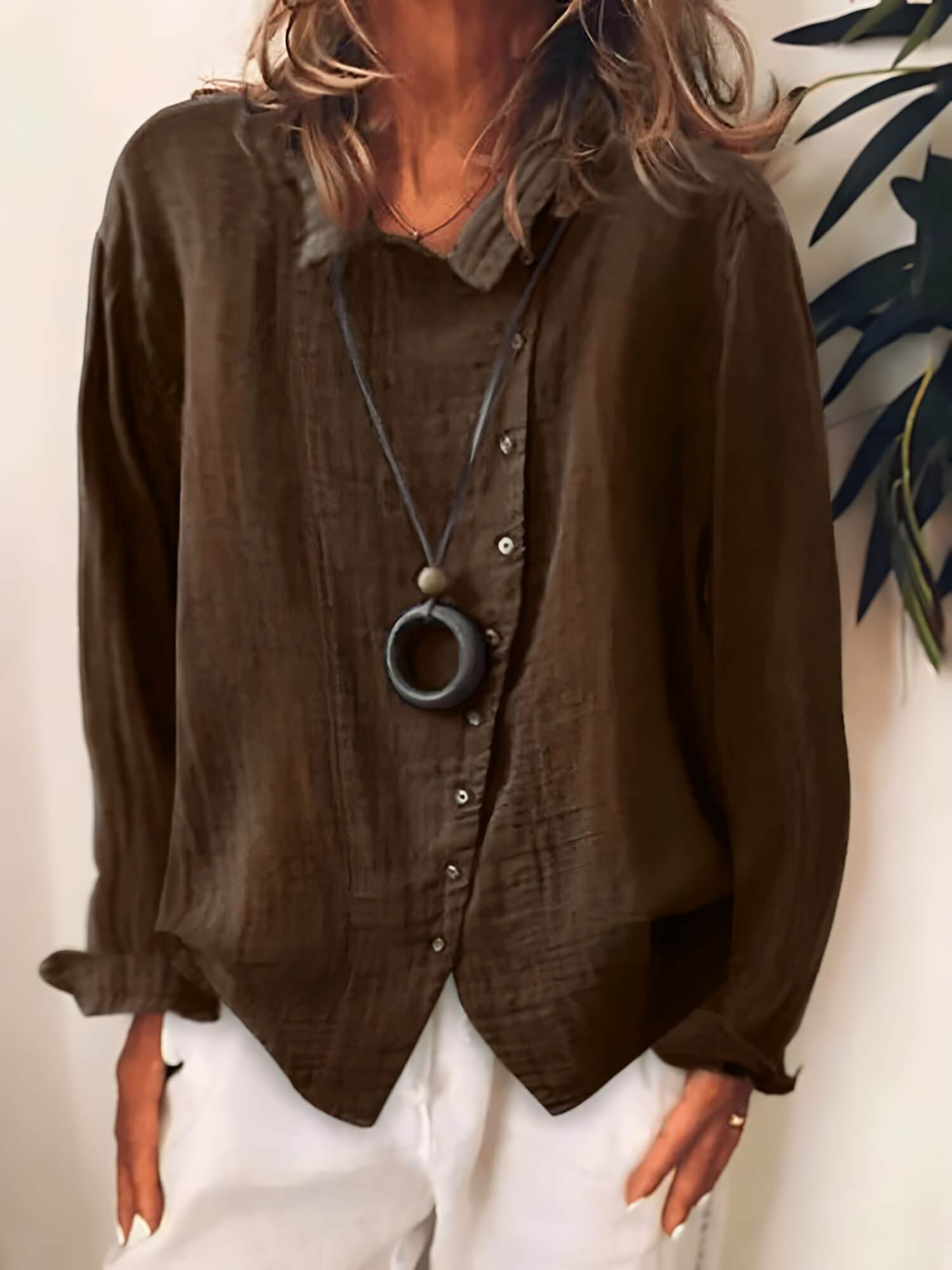 Camisa Feminina de Algodão com Linho Manga Longa Solta Botões Clifton