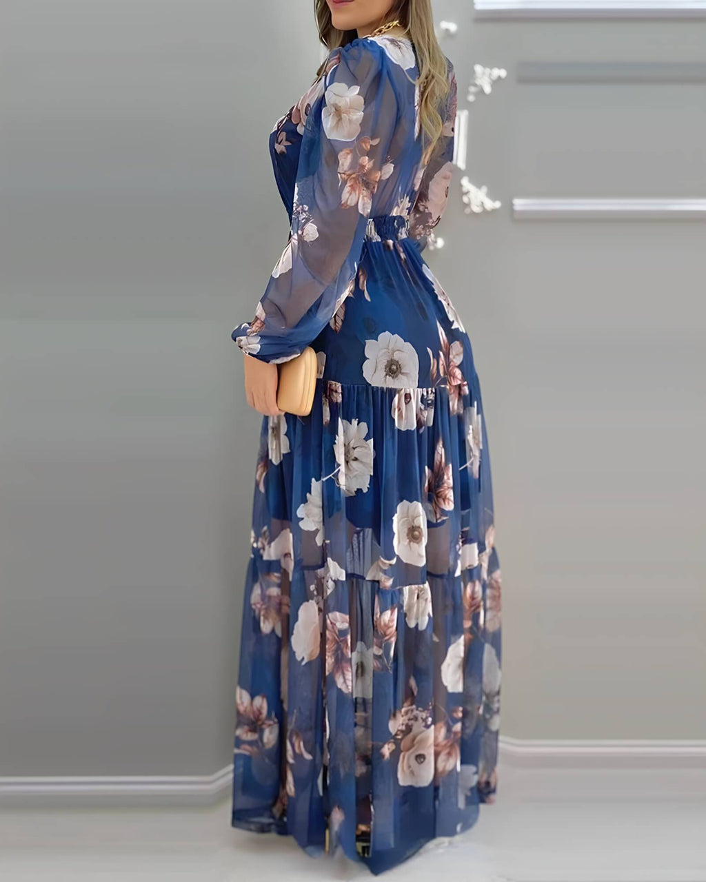 Vestido Longo Manga Comprida Azul Estampado 2