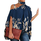 Blusa Gola Alta E Ombro Aberto Blenda Azul Folhas / P 37