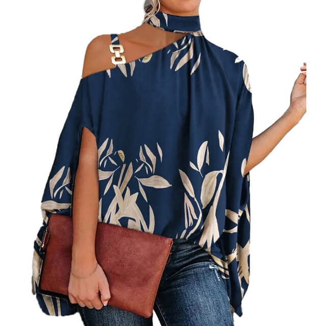 Blusa Gola Alta E Ombro Aberto Blenda Azul Folhas / P 37