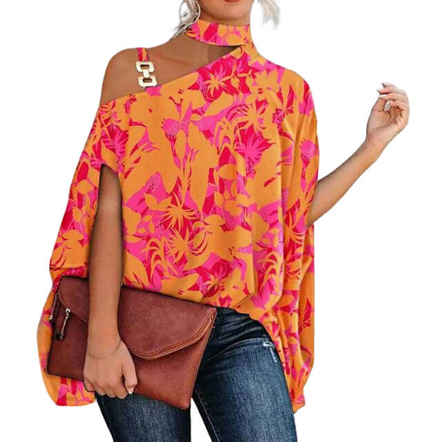 Blusa Gola Alta E Ombro Aberto Blenda Laranja Rosa / P 37