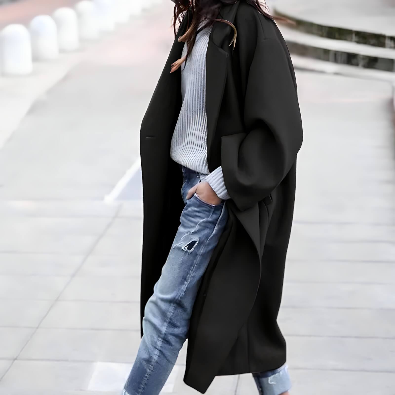 Casaco Feminino Longo de Lã Batida Preto 2