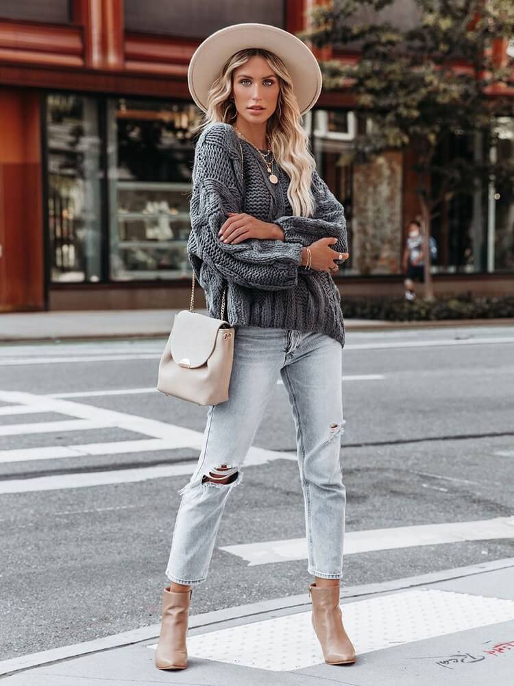 Suéter Casual de Tricot Feminino Cinza 3