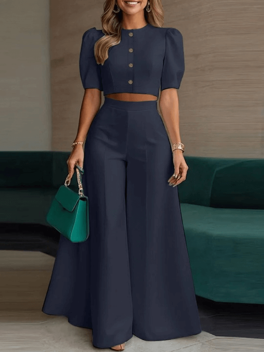 Conjunto Feminino Alfaiataria Leve Blusa Cropped com Botões e Calça Pantalona Cintura Alta Bliss