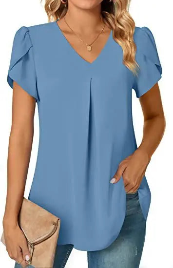 Blusa Elegante Gola V Azul Fumê 04