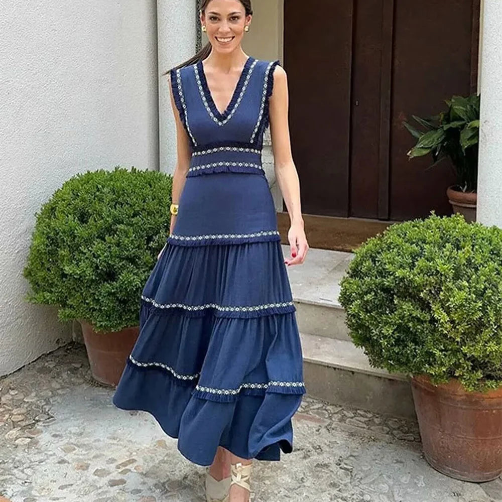 Vestido Longo Bordado Azul Marinho 01