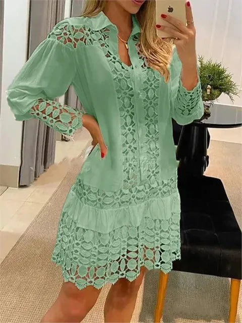 Vestido Curto Renda Guipir Manga Longa Dentelle