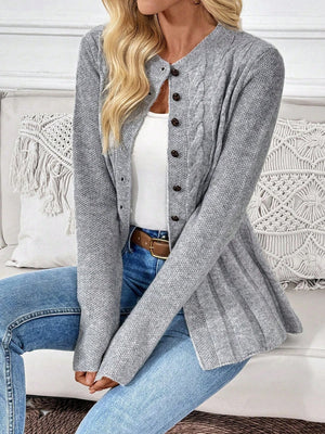 Cardigan de Lã Acinturado com Tranças e Botões Cinza 03
