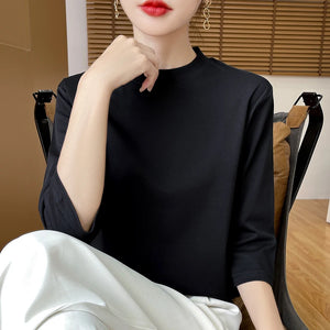 Blusa de Algodão Solta com Manga 3/4 e Gola Alta Preto 02