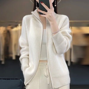 Cardigan de Lã com Zíper e Gola Alta Branco 02