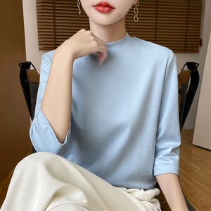 Blusa de Algodão Solta com Manga 3/4 e Gola Alta Azul Claro 08