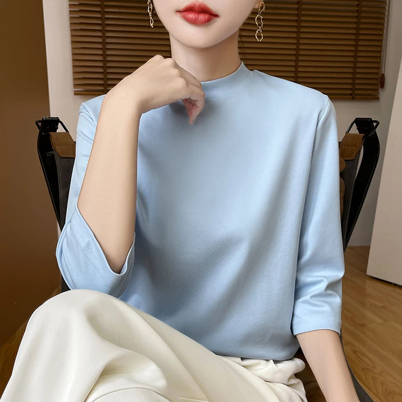 Blusa de Algodão Solta com Manga 3/4 e Gola Alta Azul Claro 08