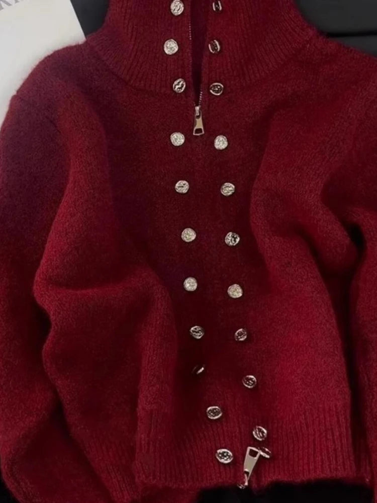 Casaco de Lã com Gola Alta e Botões Metálicos Vermelho 02