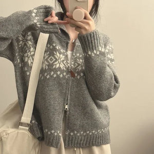 Cardigan de Lã com Estampa Nórdica e Zíper Cinza 03
