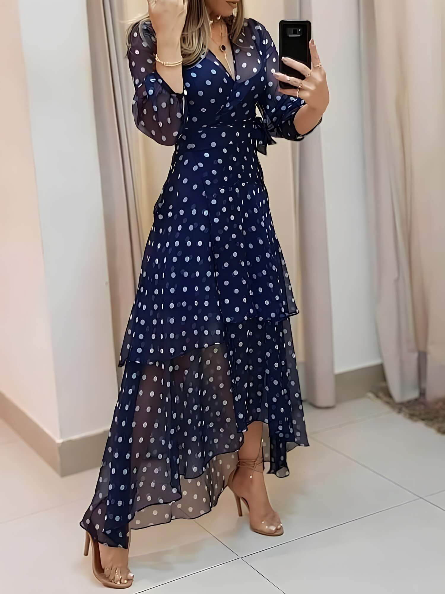 Vestido Midi Chiffon Poá Manga Longa Transpassado Ravena