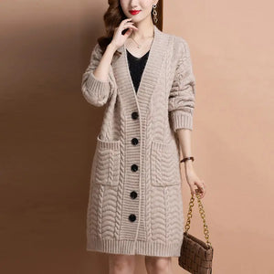 Cardigan Longo de Lã com Tranças e Botões Bege 02