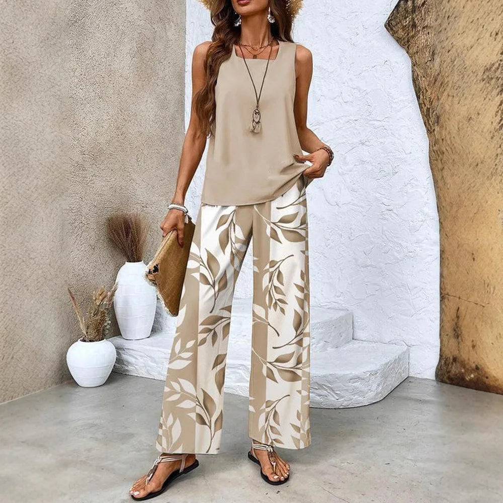 Conjunto Feminino Regata Fluida com Calça Pantalona Estampada Journey