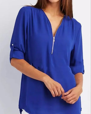 Blusa Chiffon Manga 3/4 com Zíper Azul 01