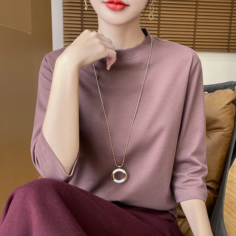Blusa de Algodão Solta com Manga 3/4 e Gola Alta Cáqui 07
