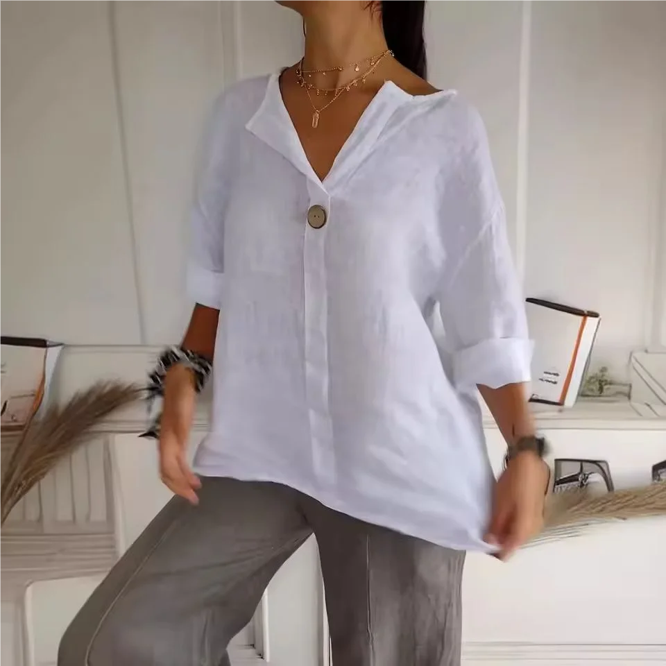 Blusa de Algodão e Linho Solta com Manga 3/4 Branco 04