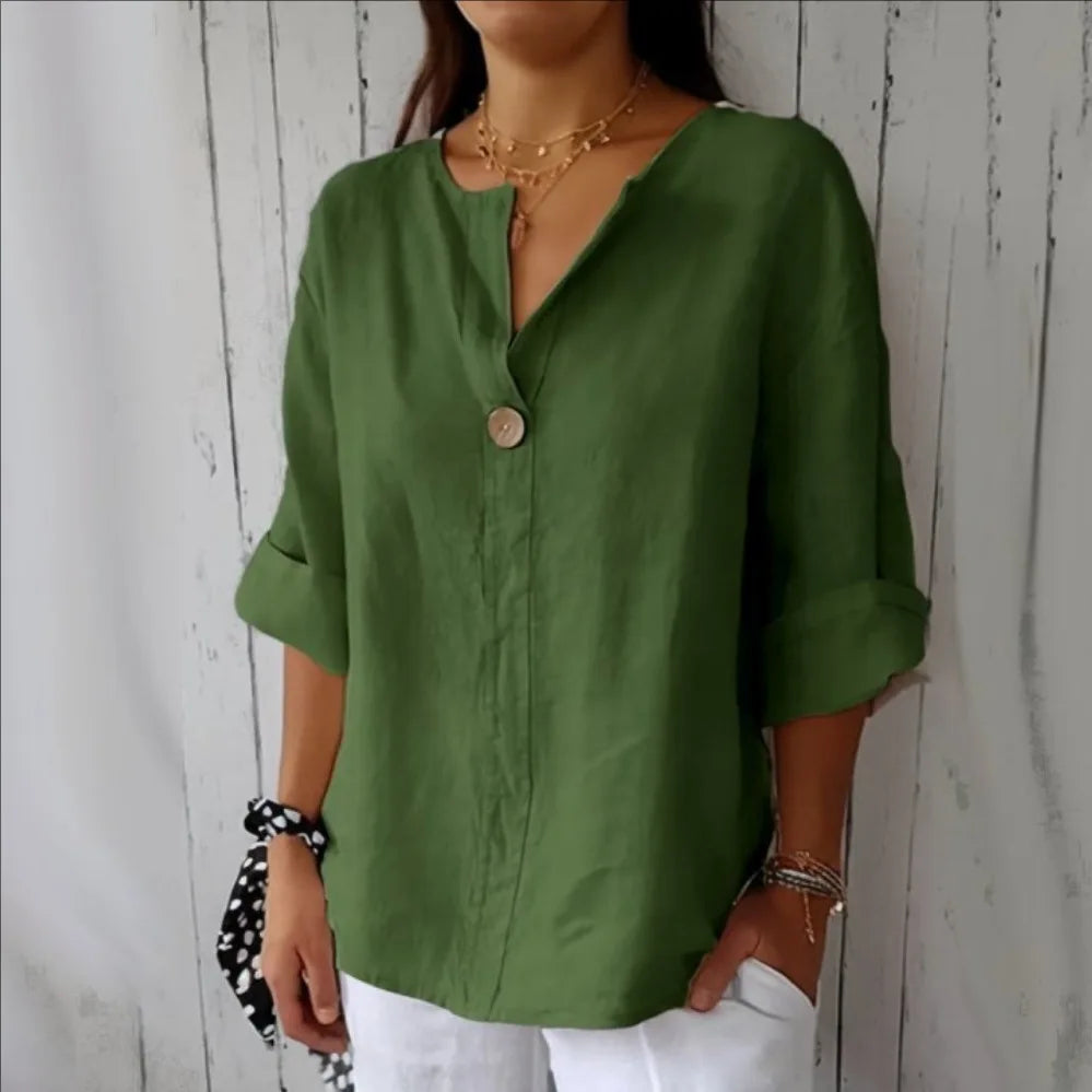 Blusa de Algodão e Linho Solta com Manga 3/4 Verde 06