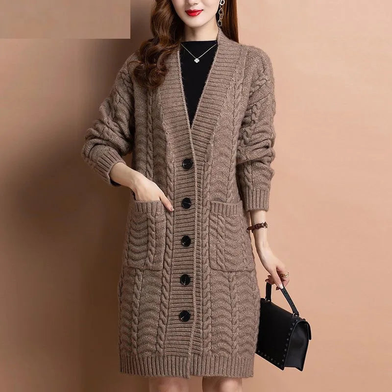 Cardigan Longo de Lã com Tranças e Botões Marrom 01