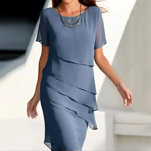 Vestido Elegante Camadas Azul Fumê 01