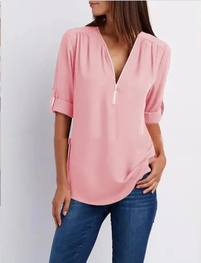 Blusa Chiffon Manga 3/4 com Zíper Rosa Claro 12