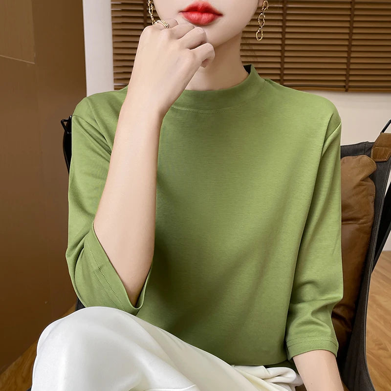 Blusa de Algodão Solta com Manga 3/4 e Gola Alta Verde Oliva 09