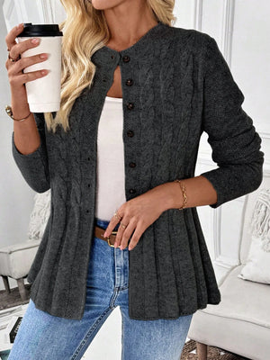 Cardigan de Lã Acinturado com Tranças e Botões Cinza Escuro 06