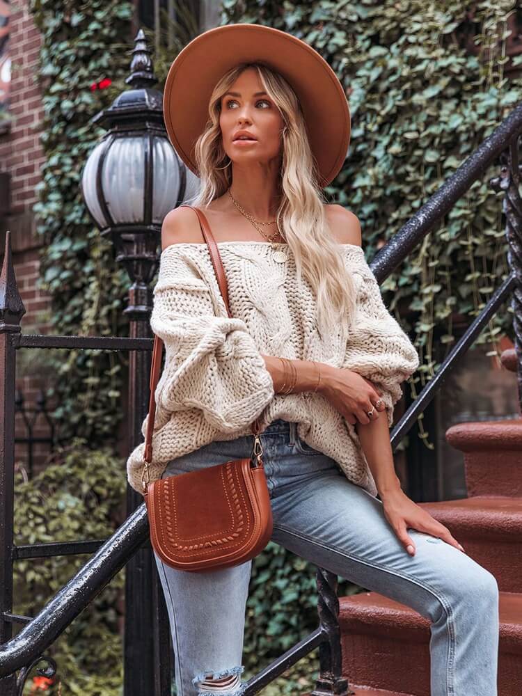 Suéter Casual de Tricot Feminino Bege 3