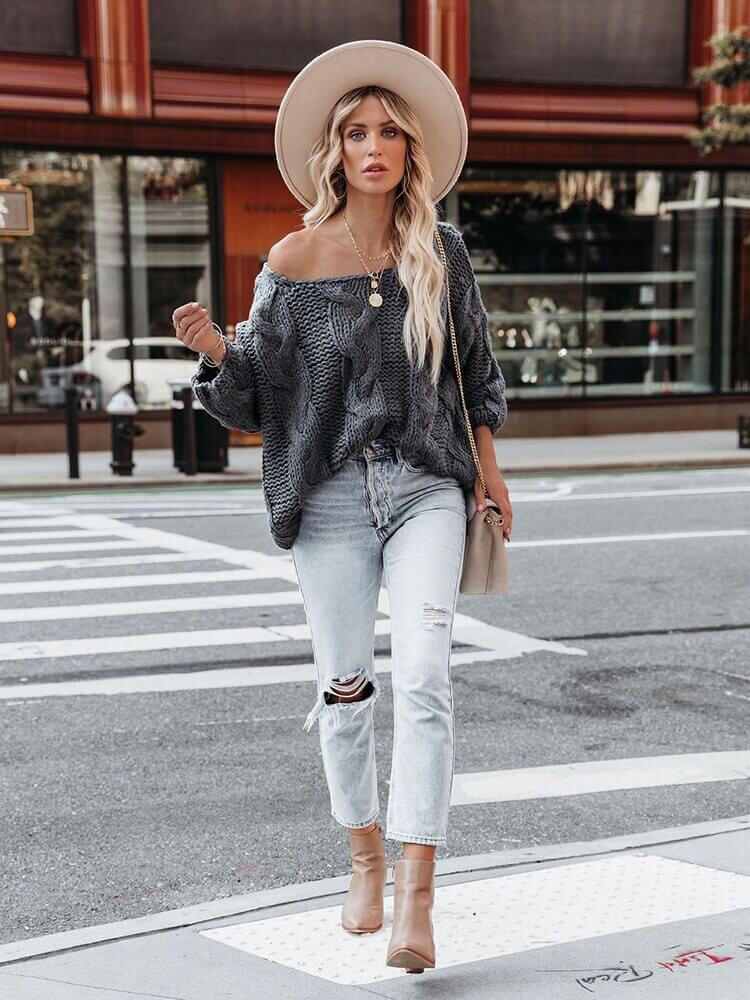 Suéter Casual de Tricot Feminino Cinza 2