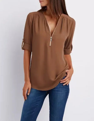 Blusa Chiffon Manga 3/4 com Zíper Marrom 08