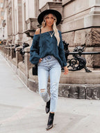 Suéter Casual de Tricot Feminino Azul 