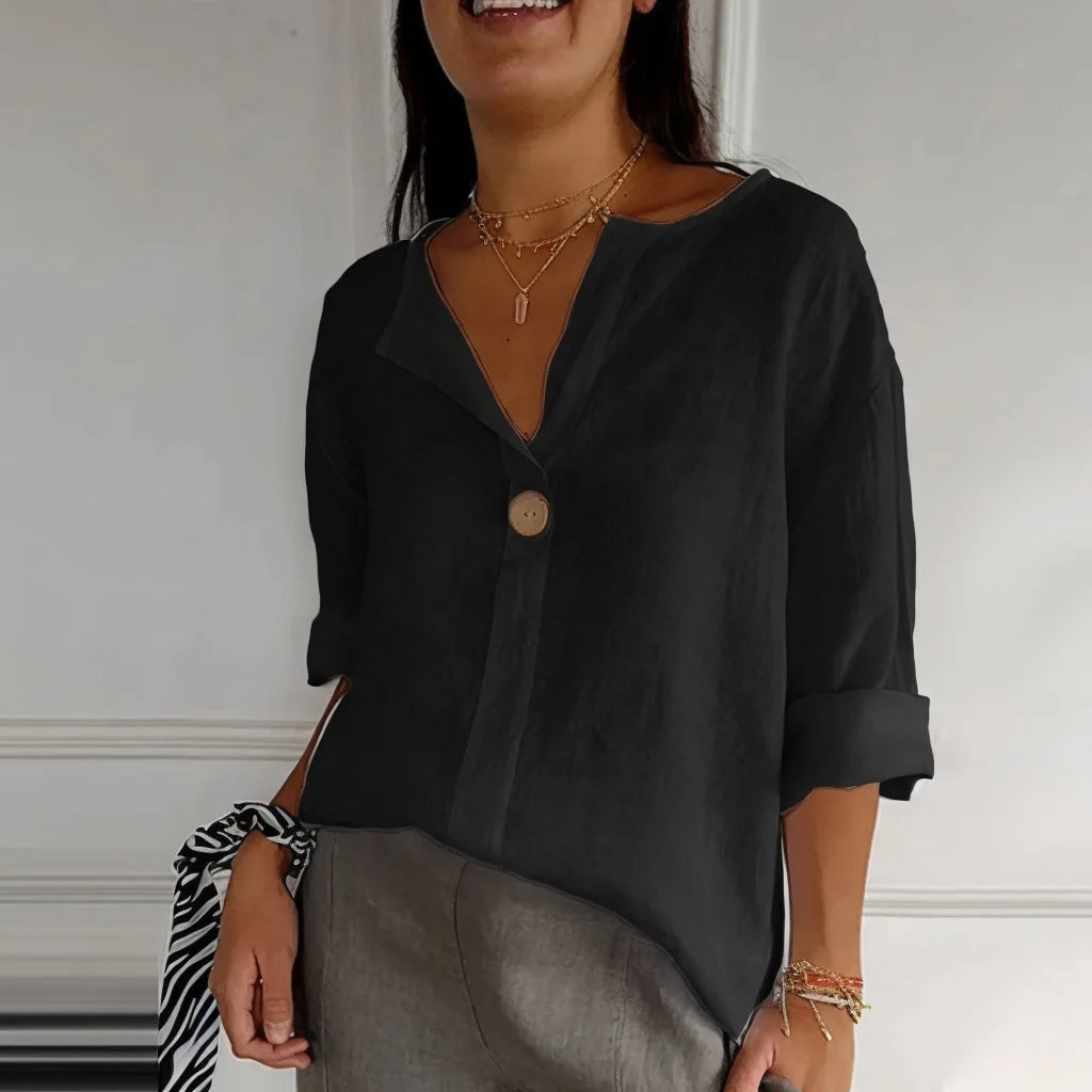 Blusa de Algodão e Linho Solta com Manga 3/4 Preto 03