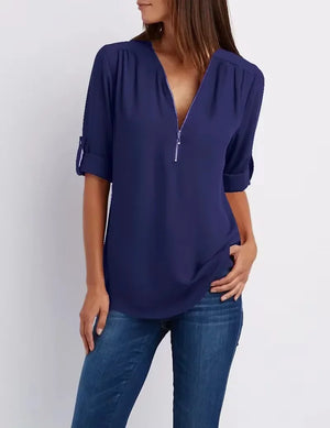 Blusa Chiffon Manga 3/4 com Zíper Azul Marinho 06