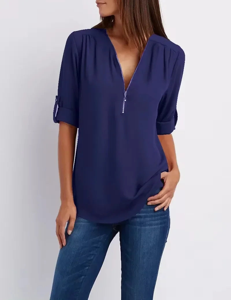 Blusa Chiffon Manga 3/4 com Zíper Azul Marinho 06