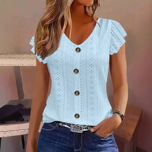Blusa de Laise com Botões e Manga Babado Azul Claro 04