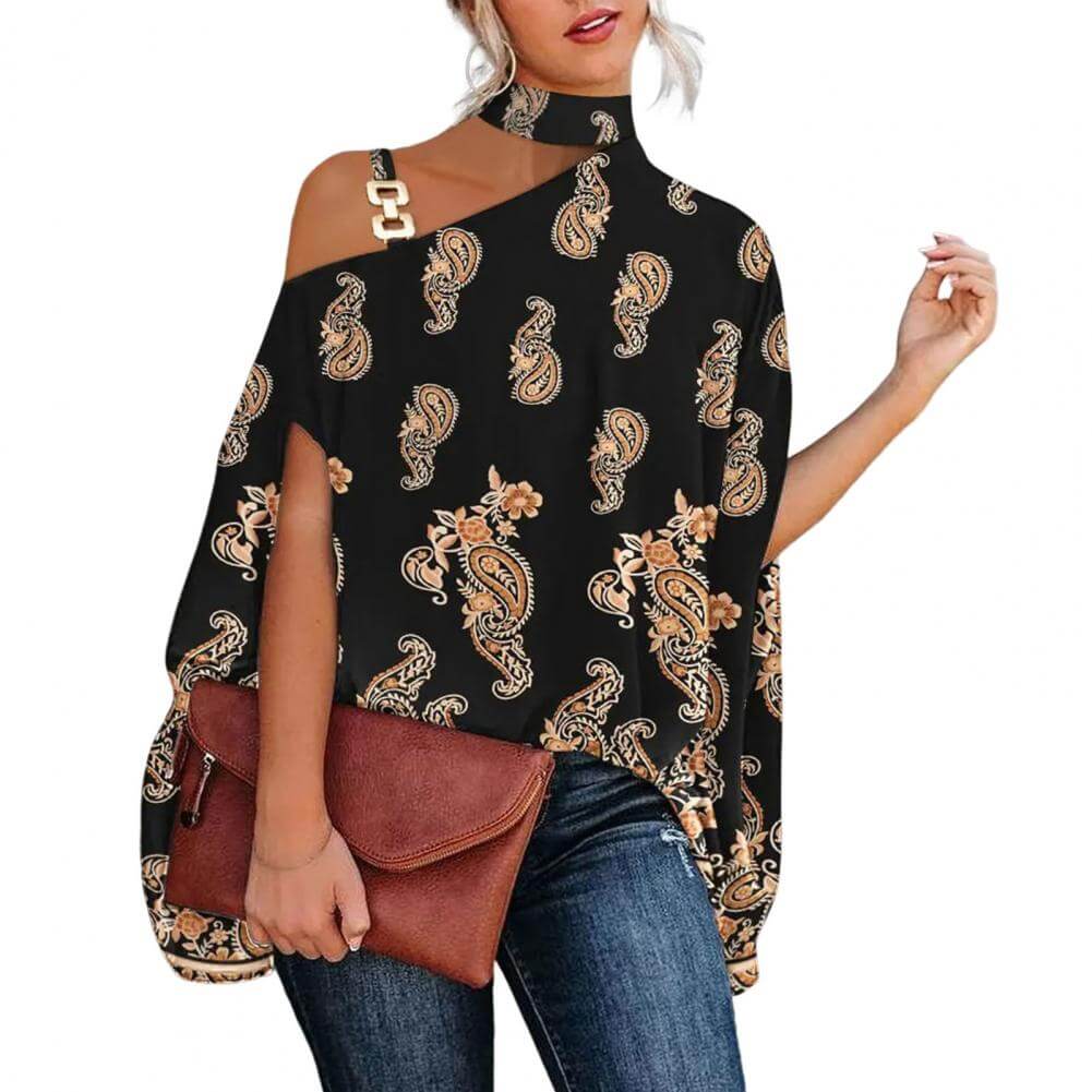 Blusa Gola Alta e Ombro Aberto Feminina