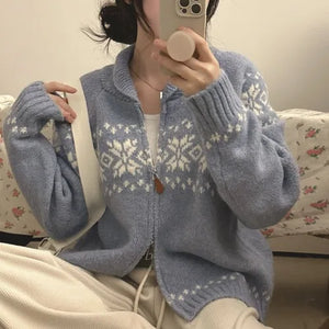 Cardigan de Lã com Estampa Nórdica e Zíper Azul 01