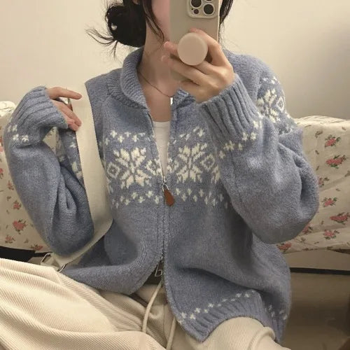 Cardigan de Lã com Estampa Nórdica e Zíper Azul 01
