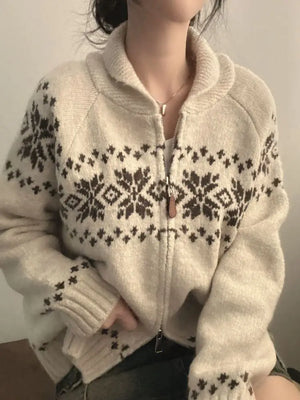Cardigan de Lã com Estampa Nórdica e Zíper Bege 02