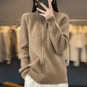 Cardigan de Lã com Zíper e Gola Alta Caramelo 07