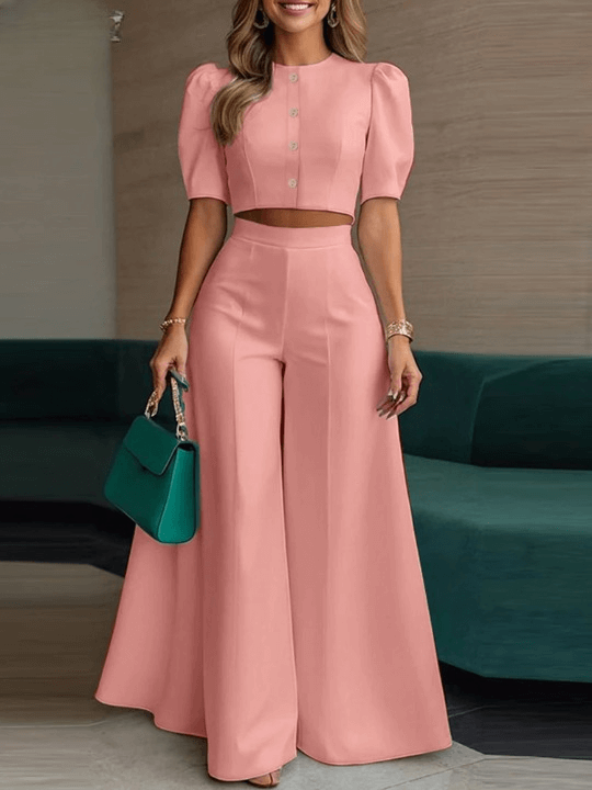 Conjunto Feminino Alfaiataria Leve Blusa Cropped com Botões e Calça Pantalona Cintura Alta Bliss