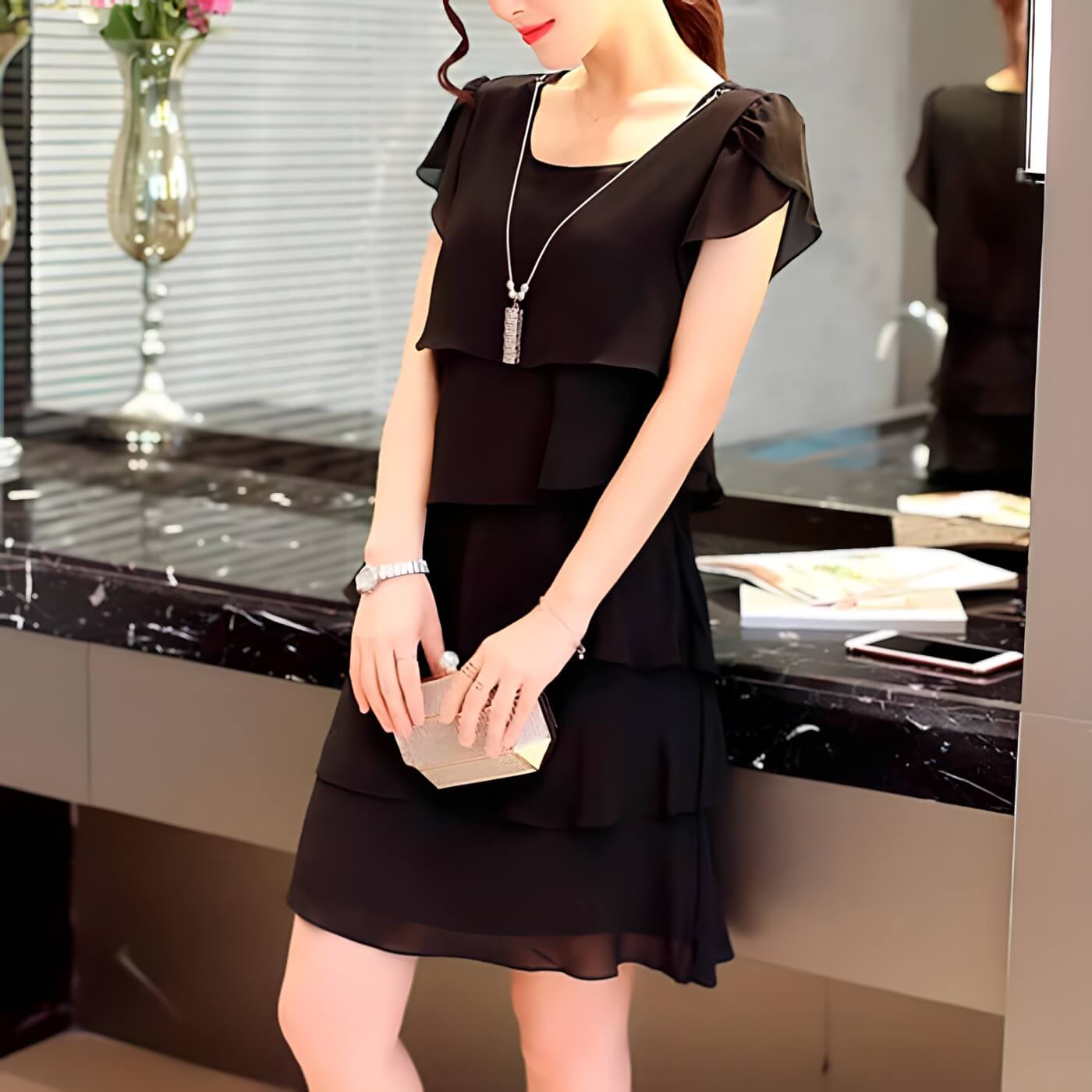 Vestido Curto em Camadas Preto 4